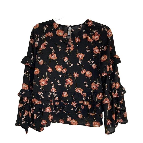 BP. Nordstrom Floral Print Tiered Ruffle Oversized Blouse XXS 00 Black Boho - Picture 2 of 7